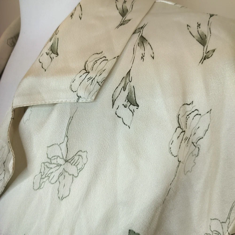 Womens Floral Satin Pajama Set Large Sleepwear Olive Green Shirt Pants